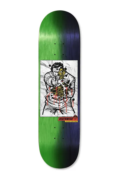 Deathwish Delfino Saturday Night Special 8.38 skateboard deck: Shooting-range target print of a man aiming a pistol, riddled with bullet holes and blood drips, with a half-yellow skull face, on a green to navy faded deck. Red Deathwish Pedro Delfino label at the lower left.