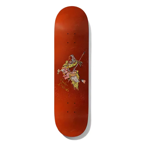 Deathwish Delfino See The Moon 8.0 skateboard deck: Rust red textured deck with a small painted figure of a mounted warrior with a spear and feathered trappings in yellow, pink and blue, with the rider name handwritten in gold beside it.