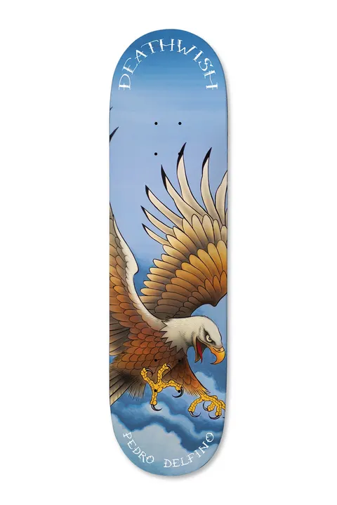 Deathwish Pedro Spirit Animal 8.5 skateboard deck: A painted bald eagle with spread brown wings and open beak swoops down with talons extended, against a blue sky with soft clouds. Curved lettering sits at top and bottom.
