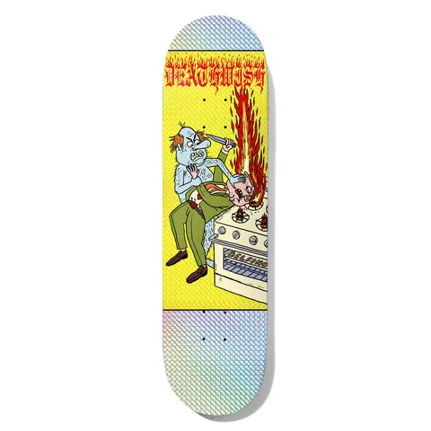 Deathwish Delfino Stovetop Cookn 8.125 skateboard deck: Comic-style scene on yellow: a hairy blue man with a knife holds a suited man's head over a flaming gas hob. Red flame-lettered Deathwish logo at top, holographic silver ends.