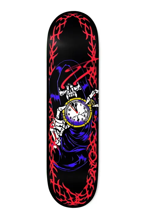 Deathwish Delfino Tribal 8.5 skateboard deck: Hooded grim reaper skeleton holding a cracked pocket watch near midnight, framed by red barbed tribal-style thorn borders and a red scrawl, on a black deck.