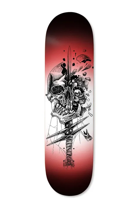 Deathwish Delfino Whiplash 8.5 skateboard deck: A black and white inked skull split by a dagger, with debris flying from the cracked side, a wrapped hilt and cobwebs, on a red-to-black vignette.