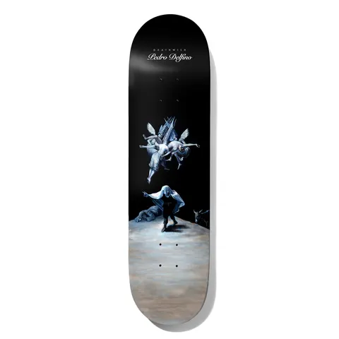 Deathwish Delfino Witches Flight 8.25 skateboard deck: Dark painterly scene of winged figures carrying a body through the night sky above a hooded figure on pale ground. Deathwish and Pedro Delfino are printed in white script near the nose.