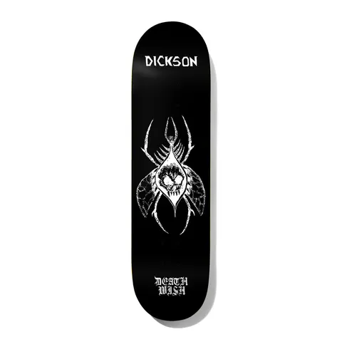 Deathwish Dickson Arachnophobia 8.5 skateboard deck: White engraved-style spider with a skull on its abdomen and moth-like patterned wings, on a black deck. Rider name in white block capitals at top and blackletter Deathwish logo at the tail.