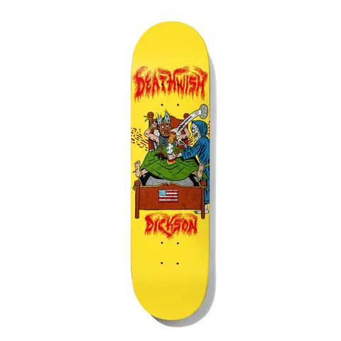 Deathwish Dickson Assault 8.38 skateboard deck: Cartoon horror scene on a yellow deck: a horned figure tied to a bed under a green blanket is attacked by a hooded skeletal reaper with a mallet, an American flag on the bedframe. Dripping red flame lettering top and bottom.