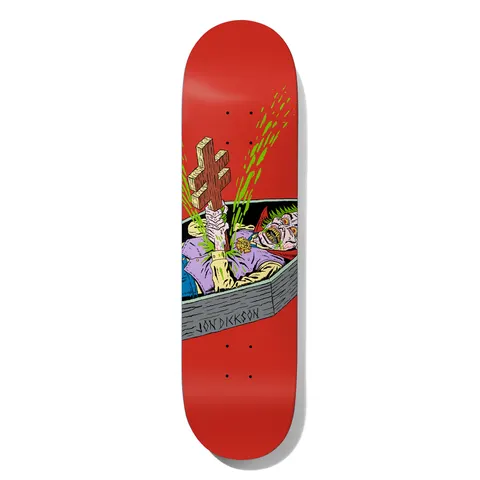 Deathwish Dickson Blasphemy 8.125 skateboard deck: A cartoon vampire in a coffin, with a green mohawk, a medallion and a wooden inverted cross held upright through his chest, spraying green blood, on a red board. Jon Dickson is lettered on the coffin side.