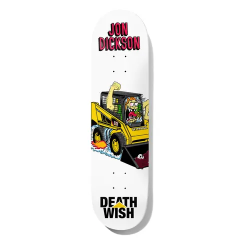 Deathwish Dickson Creeps 8.5 skateboard deck: Cartoon monster driver with raised fist and flailing arms in a yellow Deathwish skid-steer loader, flames and dust from the wheels, a skull in the bucket. 'Jon Dickson' appears in red and pink at the top and Deathwish logo at the base.