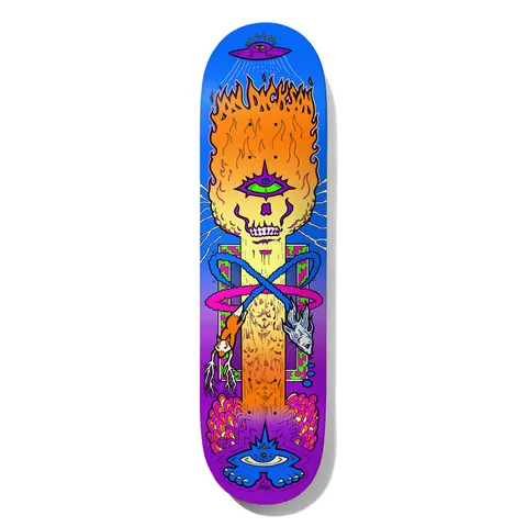 Deathwish Dickson Death Cloud 8.0 skateboard deck: Psychedelic illustration of a flaming-haired skull with a single green eye rising on a column above a UFO, with a looping blue rope, a fox and a fish dangling, and a blue footed eye creature at the base. Name in flame lettering at the top.