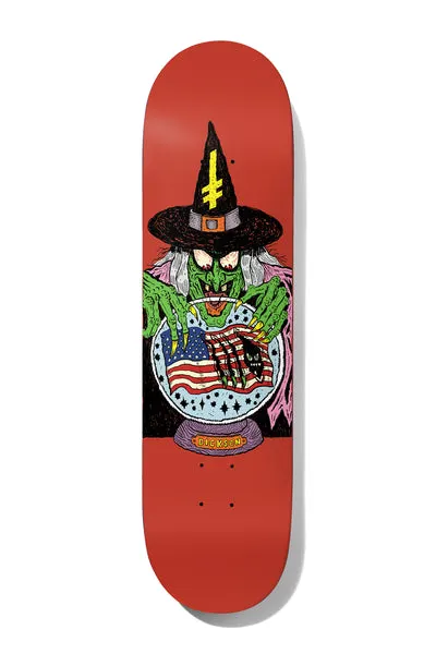Deathwish Dickson Deathwitch Trials 8.0 skateboard deck: A green-skinned witch in a black hat marked with an inverted gold cross gazes into a crystal ball containing a ripped American flag and a black cat, on a red deck. A Dickson nameplate is on the ball base.