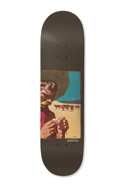 Deathwish Dickson Frontier 8.5 skateboard deck: Vintage western illustration of a sombrero-wearing man rolling a cigarette, with cattle on a desert plain behind, set as a panel running off the left edge of a dark brown deck.