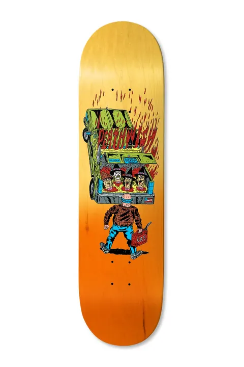 Deathwish Dickson Full Heat 8.25 skateboard deck: A cartoon scene on an orange-yellow fade deck: a bald, blindfolded man in a plaid shirt carries a gas can towards a green car whose boot is open, showing four hatted heads in flames. Deathwish lettering across the car.