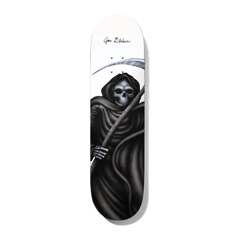 Deathwish Dickson Youre Gonna Lose Your Soul 8.25 skateboard deck: Airbrushed grim reaper in a black hooded robe with a glossy skull face, holding a long scythe, on a white deck. Jon Dickson signature in script at the nose.