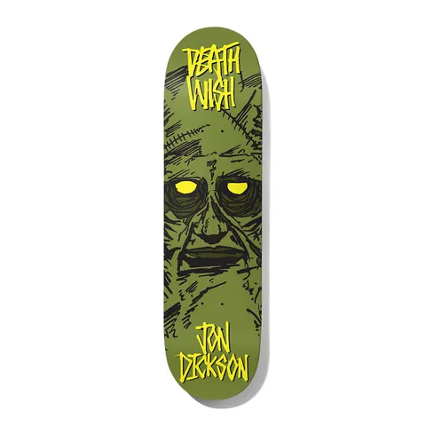 Deathwish Dickson Macabre 8.0 skateboard deck: Olive green deck dominated by a sketchy stitched monster face with glowing yellow eyes. Yellow hand-lettered Deathwish logo at the top and Jon Dickson at the bottom.