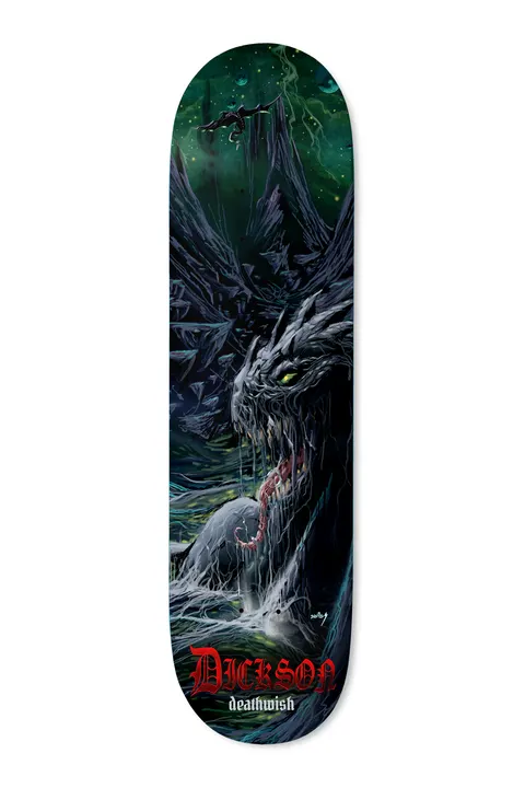 Deathwish Dickson Metaphysical 8.5 skateboard deck: A dark, scaly dragon-like beast with glowing eyes and open dripping jaws rises from a swamp beneath a green starry sky, painted in a fantasy style. Red gothic rider name and Deathwish at the tail.