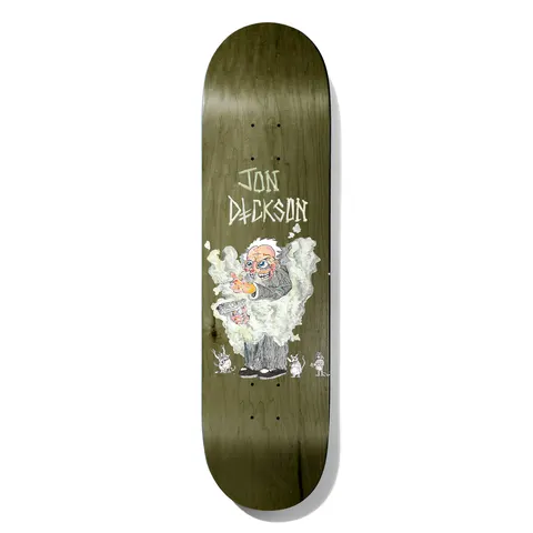 Deathwish Dickson Mice & Men 8.38 skateboard deck: A cartoon elderly man with white hair and wild eyes, wearing a suit and holding a pistol, stands in a cloud of pale smoke with small white mice at his feet. The rider's name is lettered in jagged pale green above, on an olive stained deck.