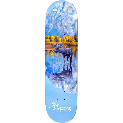 Deathwish Dickson Mirror Lake 8.0 skateboard deck: A painted landscape of a moose standing in a still lake with its reflection in the water, backed by snowy mountains and autumn trees, in a blue sky palette. The name Jon Dickson is written in white script at the tail.