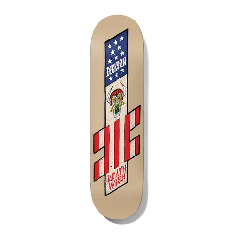 Deathwish Dickson NIGHTMARE CITY 8.125 skateboard deck: Vertical strip graphic with a starry blue flag canton, a horned skull with a yellow pentagram, and red and white stripes forming a Deathwish logo shape on a tan deck.
