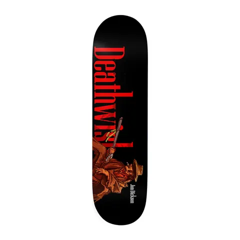 Deathwish Dickson Outlaw Black 8.25 skateboard deck: Black deck with large red serif Deathwish lettering up the board, a hatted outlaw in a brown coat and red scarf swinging a shotgun at the bottom. Small white Jon Dickson text beside him.
