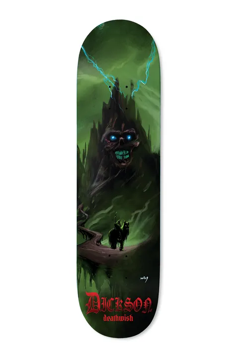 Deathwish Dickson Symphony 8.0 skateboard deck: Painted fantasy scene of a lone rider on horseback on a winding path before a towering dark mountain with a glowing blue-eyed skull face, under a green stormy sky with lightning. Red gothic Dickson name at the bottom.