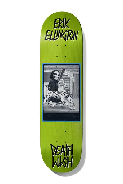 Deathwish Ellington All Screwed Up 8.5 skateboard deck: A grey-toned painting in a blue border shows a skull-faced reaper with a scythe walking a spotted leopard-like dog past a brick wall, on a lime green deck with black graffiti-style Erik Ellington and Deathwish lettering.