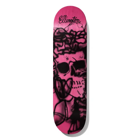 Deathwish Ellington Quarter Century 8.5 skateboard deck: Sprayed black skull with sunglasses-like eye sockets, tangled wire or rose lines and a thorny crown, on a hot pink deck, with Ellington in handwritten script at the top.