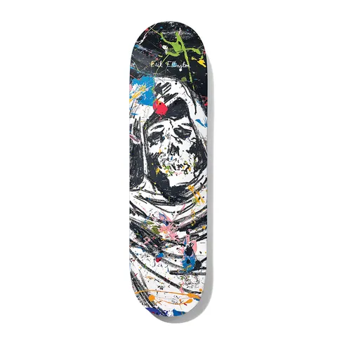 Deathwish Ellington Always Go 8.38 skateboard deck: A loose, painterly black and white hooded skull figure with paint splatters in blue, green, pink, red and yellow over a dark background. The rider's name is handwritten near the top.