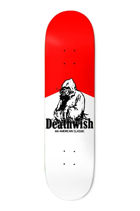 Deathwish Ellington American Classic 8.475 skateboard deck: Cigarette-packet style graphic, red top and white bottom, with a hooded skeletal figure smoking and a Deathwish wordmark in black with the line AN AMERICAN CLASSIC beneath.