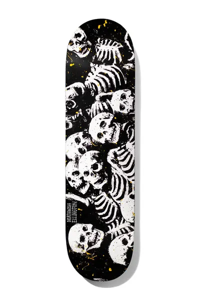 Deathwish Ellington Dead Know 8.25 skateboard deck: A dense pile of white skeletons and skulls in a rough, printed-ink style fills the board on a black background with flecks of yellow paint splatter, with small vertical 'Deathwish Ellington' text near the tail.