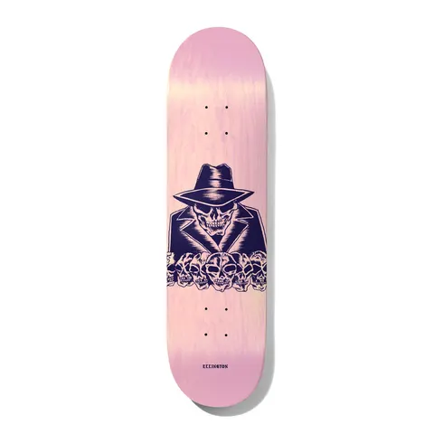 Deathwish Ellington Dealers Choice 8.5 skateboard deck: Pink-stained deck with a navy-purple screen-print of a skeleton in a fedora and suit jacket, rising above a row of smaller skulls. Small rider name near the tail.