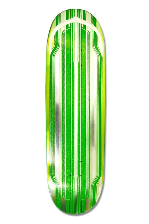 Deathwish Ellington East 76th Twin 9.125 skateboard deck: Metallic silver deck with glittery green and lime pinstripes forming nested lowrider-style panels running the length of the board, in the manner of custom car paint. No figurative imagery.