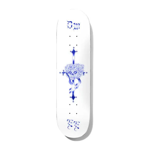 Deathwish Ellington Out Ta Get Me 8.0 skateboard deck: Blue ballpoint-style drawing of a skull wearing a rose crown over a cross, with gothic letters DW at the nose and EE at the tail, on a white deck.