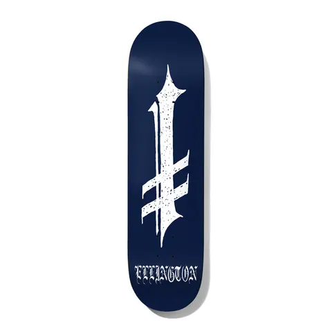 Deathwish Ellington Resurrect 8.25 skateboard deck: Large distressed white blackletter-style cross with a pointed top and two slanted bars on a navy deck, with the rider name in white blackletter at the tail.
