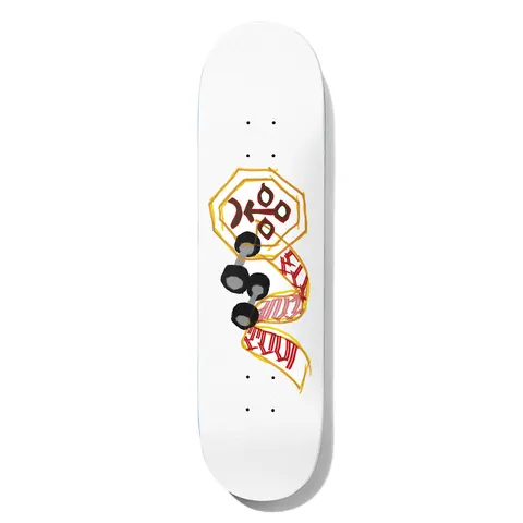 Deathwish Ellington Ribbon 8.125 skateboard deck: A loosely drawn octagonal sign with a dark red symbol, dumbbell weights, and a twisting ribbon with red lettering, all in a rough marker style on a white deck.