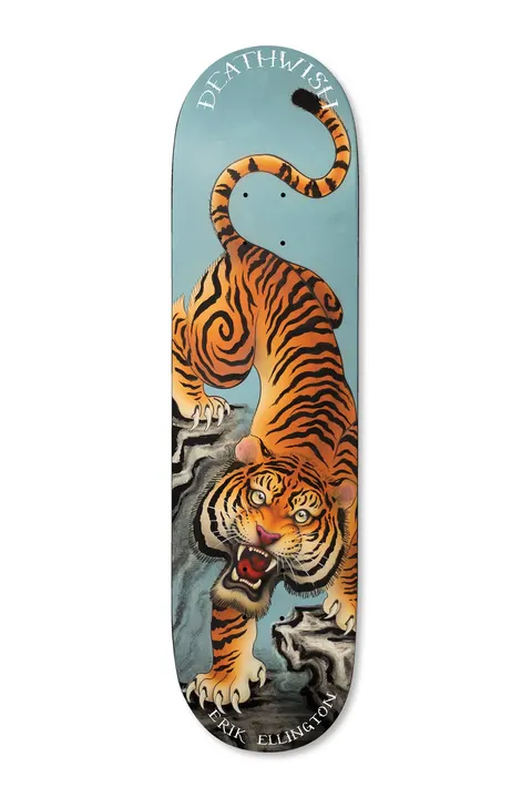 Deathwish Ellington Spirit Animal 8.25 skateboard deck: A painted orange tiger with snarling mouth and curling tail prowls down grey rocks against a pale blue sky. Curved lettering sits at top and bottom.