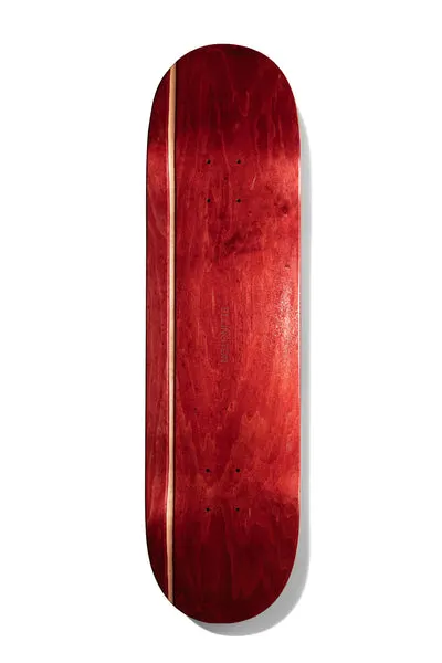 Deathwish Ellington Stripe 8.38 skateboard deck: A plain red-stained deck with a single natural wood stripe running down the left side and a very faint small logo in the middle; no printed graphic.