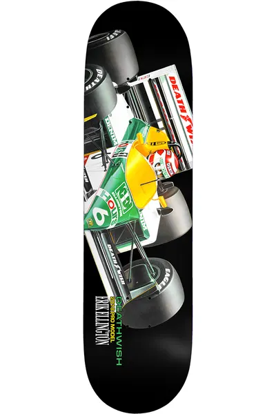 Deathwish Ellington Turbocharger 8.0 skateboard deck: Photographic top-down view of a green, white and yellow Formula One car with large black tyres on a black background. Deathwish logo and Erik Ellington pro model text at the lower left.