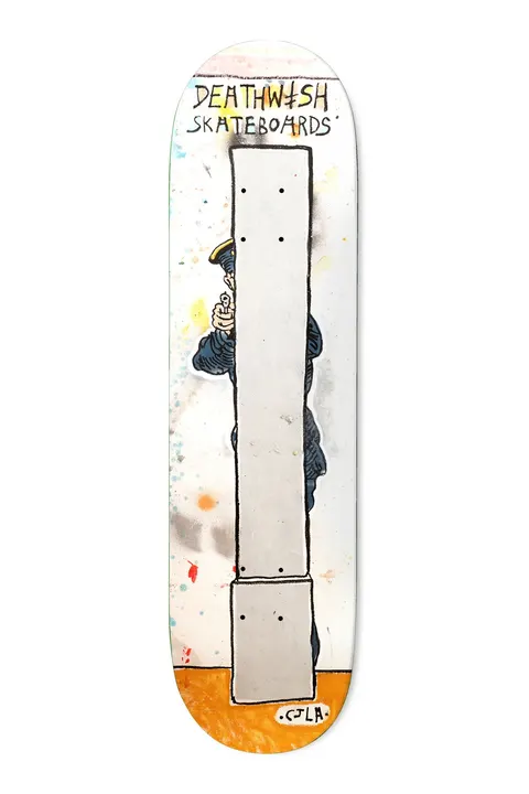 Deathwish Facchini Take Cover 8.38 skateboard deck: Painted-style scene of a police officer in a navy uniform aiming a gun from behind a grey concrete pillar, with Deathwish Skateboards lettering at top, on a splattered white deck with orange ground.