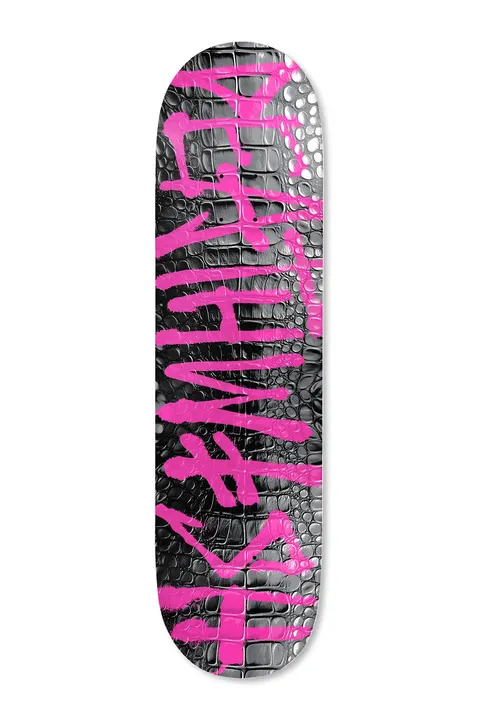 Deathwish Flamingo Gator 7.75 skateboard deck: Deathwish logo in dripping hot-pink spray-paint lettering running the length of the deck over a glossy black and chrome crocodile-skin texture.