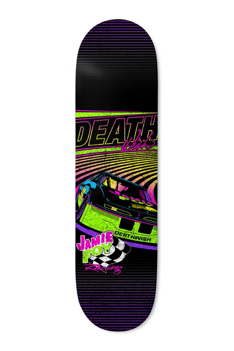 Deathwish Foy 33 Degrees 8.25 skateboard deck: Neon retro racing-poster artwork of a stock car cornering on a banked oval track with horizontal scan lines. Large DEATHWISH lettering, a chequered flag and a hand-written Jamie Foy Racing logo.