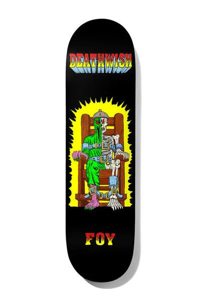 Deathwish Foy 423 8.25 skateboard deck: A green-robed skeleton with a metal cap sits strapped in an electric chair, surrounded by a yellow burst of electricity, with 'Deathwish' in multicoloured block letters above and 'Foy' in red-yellow gradient lettering below, on black.