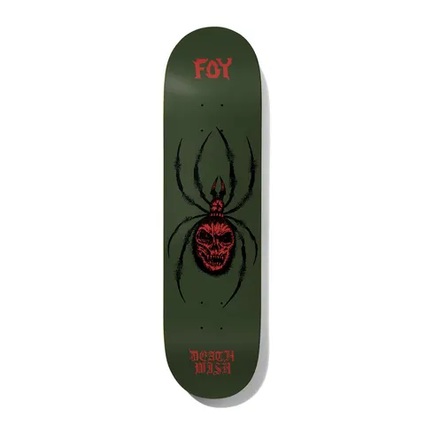 Deathwish Foy Arachnophobia 8.0 skateboard deck: Black spider whose body is a red fanged skull, drawn in stippled linework, on an olive green deck. Rider surname in red blackletter at the top and Deathwish name at the tail.
