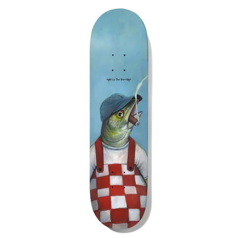 Deathwish Foy Bass Face 8.0 skateboard deck: Painted portrait of a bass fish with a cap and a cigar, wearing red and white checked overalls against a blue sky, in the manner of a classic oil painting.