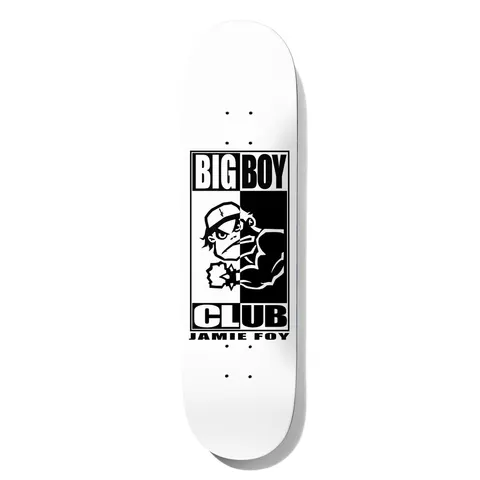 Deathwish Foy Big Boy Club 8.0 skateboard deck: A black and white boxed logo showing a cartoon gorilla in a cap clenching a fist, split half white and half black, with 'BIG BOY CLUB' and 'JAMIE FOY' lettering, on a white deck.