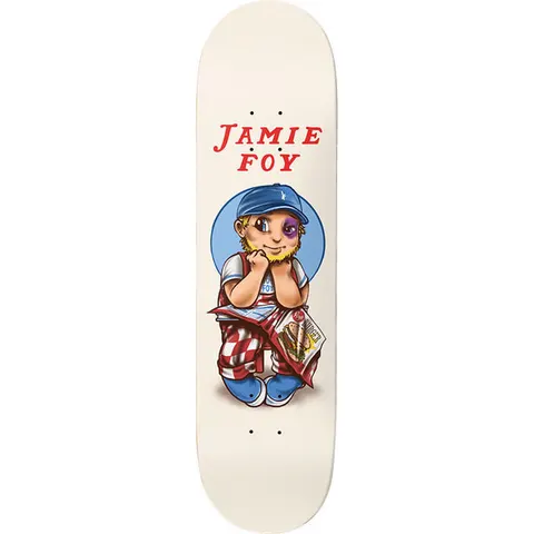 Deathwish Foy Black Eyed Big Boy 8.25 skateboard deck: Cartoon illustration of a seated bearded boy in a blue cap and checked dungarees, with a black eye and chin in hands, holding a burger wrapper, parodying a diner mascot. Cream deck with a blue circle behind him.