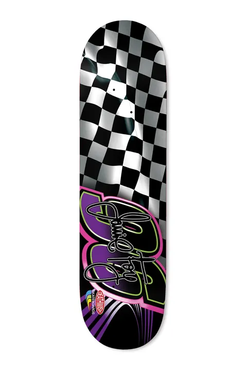 Deathwish Foy Checkered Foy 8.5 skateboard deck: A billowing black and white chequered flag over the upper deck, with a large number 99-style racing numeral outlined in pink and green neon behind a handwritten signature, plus a Deathwish racing badge at the bottom.