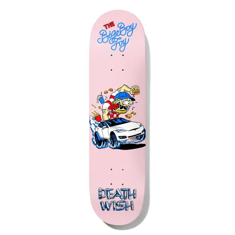 Deathwish Foy Creeps 8.0 skateboard deck: A cartoon hot-rod-style monster in a baseball cap eats burgers and chips while riding a white electric car, on a pink deck. The Big Boy Foy name is at the top in blue script and Deathwish in blue chrome letters at the tail.