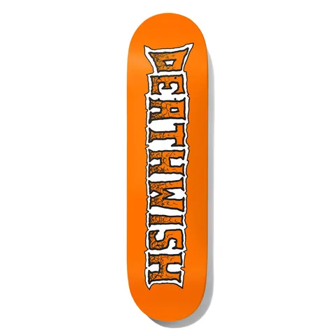 Deathwish Foy Crush 8.25 skateboard deck: Bright orange deck with the Deathwish name in jagged, hand-cut style letters, white with a black outline and filled orange with a cracked texture, running vertically down the board.