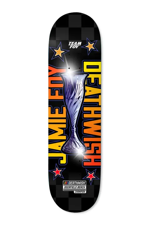 Deathwish Foy DB Champ 8.0 skateboard deck: A shining silver trophy cup between large vertical gradient lettering of the rider's name and DEATHWISH, with stars in each corner, on a black chequerboard. Racing-style Deathwish badge reads Deerfield Beach Champion.