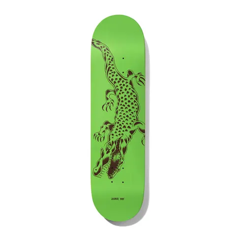 Deathwish Foy Dealers Choice 8.38 skateboard deck: Bright green deck with a brown line drawing of a crocodile in a traditional tattoo style, seen from above with open jaws and claws. Small rider name near the tail.