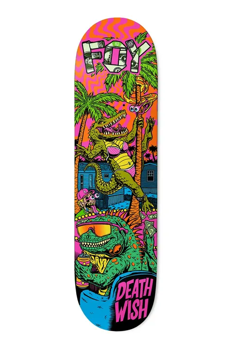 Deathwish Foy Dysfunction 8.25 skateboard deck: Colourful neon cartoon scene with FOY in dollar-bill lettering above a crocodile in a bikini climbing a palm tree, with an iguana in sunglasses eating pizza below, houses behind and DEATH WISH in pink at the foot.